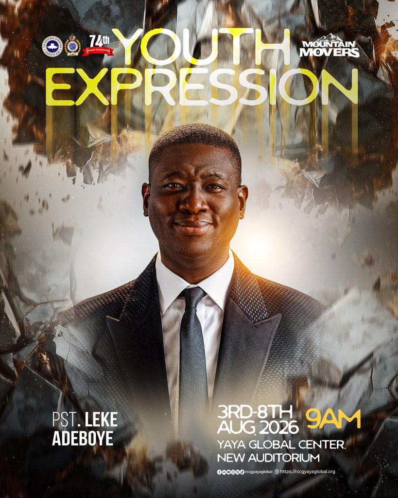 rccgyayaglobal's tweet photo. Pastor Oluwagbemileke “Leke” Adeboye is a dedicated soldier for Christ, a dynamic teacher, and a clear voice for purpose and youth empowerment. His ultimate motto? “Heaven is the goal.”

He is the Global Coordinator of Pastor Seeds Family, Pastor-in-Charge of RCCG Youth Province 1, one of the outstanding provinces in the RCCG.

He also serves as the Special Personal Assistant to the General Overseer of RCCG Worldwide, Pastor E.A. Adeboye, while continuing to invest in the spiritual growth, leadership development, and discipleship of young people. He has an exceptional gift for mentoring and rallying young people to achieve their God-given potential.
Beyond the pulpit, he is a passionate change-maker. Through the Leke Adeboye Foundation, he recently hosted the Kingsmen and Kingsladies Conference, an exclusive 3-day mentorship and leadership experience for young adults focused on building unshakable character, spiritual fervency, and thriving relationships. He also provides leadership across several Kingdom initiatives, including the Dare Adeboye Foundation, Reach4Christ, advancing youth discipleship, humanitarian impact, evangelism, and leadership development through platforms that continue to transform lives across generations.

Bringing professional excellence into ministry, Pastor Leke holds degrees in Aerospace Engineering and Engineering Project Management, with corporate experience at Accenture. 

He is also a successful entrepreneur and is happily married to Mrs. Titilope Adeboye, with whom he shares godly seeds.

Are you ready to overcome the impossible and witness the miraculous?

Join Pastor Leke and other anointed ministers at the RCCG 74th Annual Convention Youth Expressions. Be part of a generation empowered to overcome limitations, strengthen your faith, build meaningful relationships, and become a catalyst for Kingdom influence.

🗓️ August 3rd – 9th, 2026
📍 YAYA Global Center, New Auditorium, Redemption City.

Don’t miss it!

#MountainMovers #RCCGYAYAGlobal #RCCGConvention2026 #MountainMoversYouthExpressions