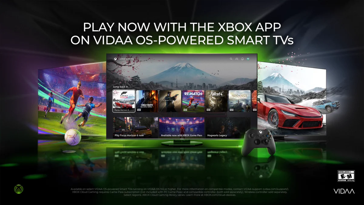 XBOX Cloud Gaming displayed across smart TVs with a controller and the text, “Play now with the Xbox app on VIDAA OS-powered Smart TVs.”