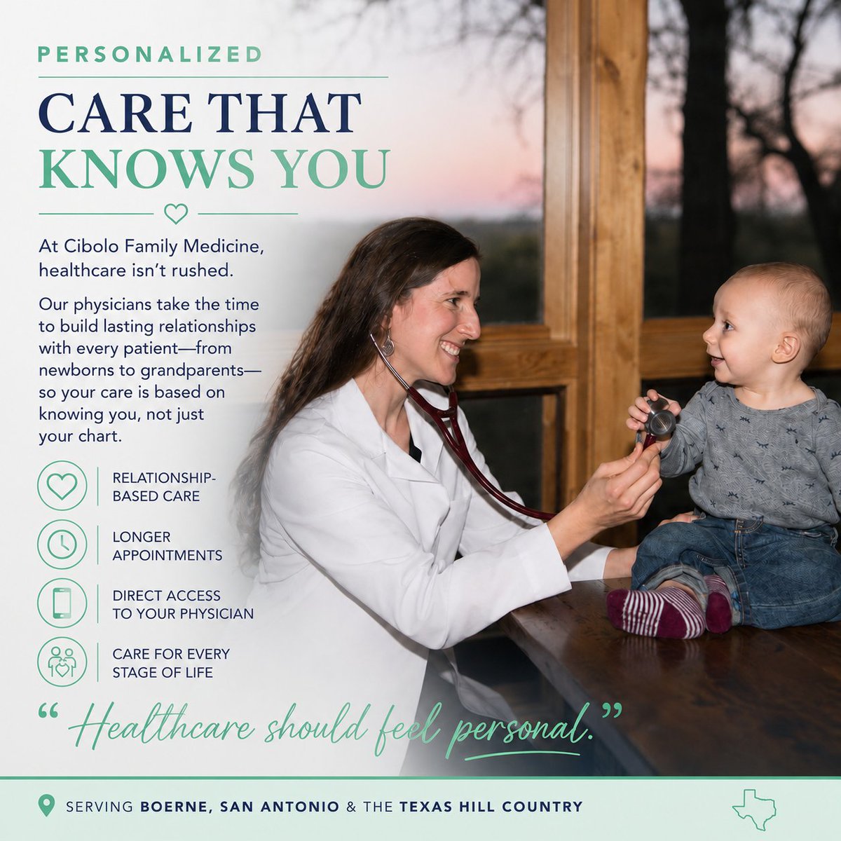 CiboloFM's tweet photo. Healthcare isn't supposed to feel rushed.

✔️ Longer visits
✔️ Direct physician access
✔️ Personalized care

Serving Boerne, San Antonio &amp; the Texas Hill Country.

👉 Learn more: 

#DirectPrimaryCare #Healthcare #Boerne #FamilyMedicine https://t.co/5H5TBPcCOe