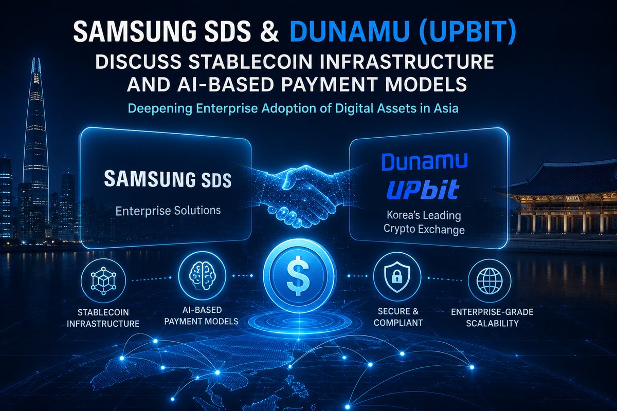 Signal24_app's tweet photo. Samsung SDS is discussing stablecoin infrastructure and AI-based payment models with Dunamu, the operator of South Korea's Upbit exchange.

This move signals deeper enterprise adoption of digital assets in key Asian markets. https://t.co/Uh8aexvxVk