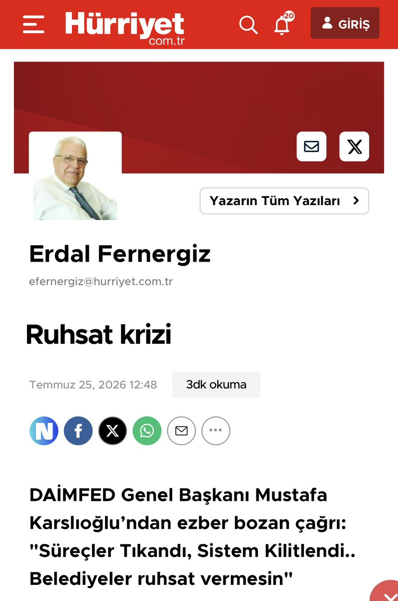 daimfed's tweet photo. 📌 Hürriyet Gazetesi köşe yazarlarından Erdal Fernergiz, “Ruhsat Krizi” başlıklı köşe yazısında, DAİMFED Genel Başkanımız Mustafa Karslıoğlu’nun sektöre ilişkin değerlendirmelerine yer verdi. Fernergiz, ruhsat süreçlerinde yaşanan aksaklıklar, belediyelerdeki teknik personel yetersizliği, yapı üretim süreçlerinin hızlandırılması gerekliliği ve yüksek faiz oranlarının konut sektörüne etkileri gibi önemli başlıkları köşesine taşıdı. 

✅ Sektörün çözüm bekleyen sorunlarının kamuoyunda daha geniş kitlelere ulaşmasına katkı sunan Sayın Fernergiz’e teşekkür ediyor, sağlıklı ve güvenli yapılaşma hedefi doğrultusunda çalışmalarımızı kararlılıkla sürdürüyoruz.

https://t.co/k9lkrkbjaw