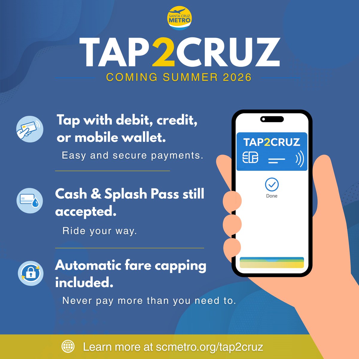 SantaCruzMETRO's tweet photo. Big changes are coming in Summer 2026, making it easier than ever to pay your fare using debit, credit, or your mobile wallet. To learn more visit https://t.co/OetVdyjvMT https://t.co/cPIqYusZOJ