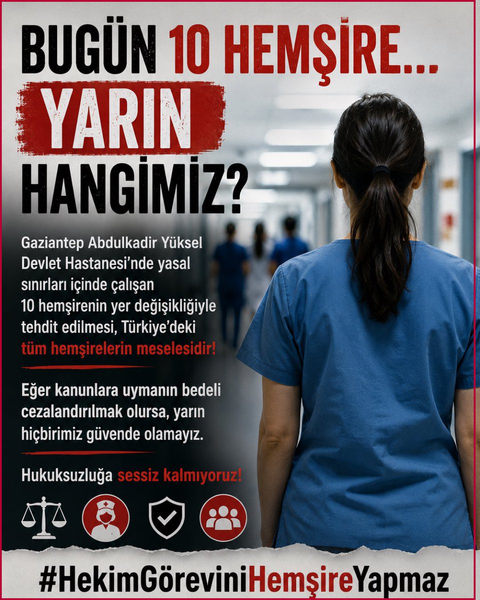 hepsen_2020's tweet photo. BUGÜN 10 HEMŞİRE… YARIN HANGİMİZ?

​Gaziantep Abdulkadir Yüksel Devlet Hastanesi’nde yasal sınırları içinde çalışan 10 hemşirenin yer değişikliğiyle tehdit edilmesi, Türkiye’deki tüm hemşirelerin meselesidir!
​
Eğer kanunlara uymanın bedeli cezalandırılmak olursa, yarın hiçbirimiz güvende olamayız. Hukuksuzluğa sessiz kalmıyoruz!

#HekimGöreviniHemşireYapmaz

@drmemisoglu @saglikbakanligi 
@sagliklicozum @gantepvaliligi @kemalcebervali @gaziantepism  @ayukseldh @drbeytullahsahn @Yilmazer_Cihat @memo_haber
@OzyZehra  @lmaz_ozy32812 
@GundemiAntep27 @GaziantepOlay @Gazianteppusula @Gaziantep__27
