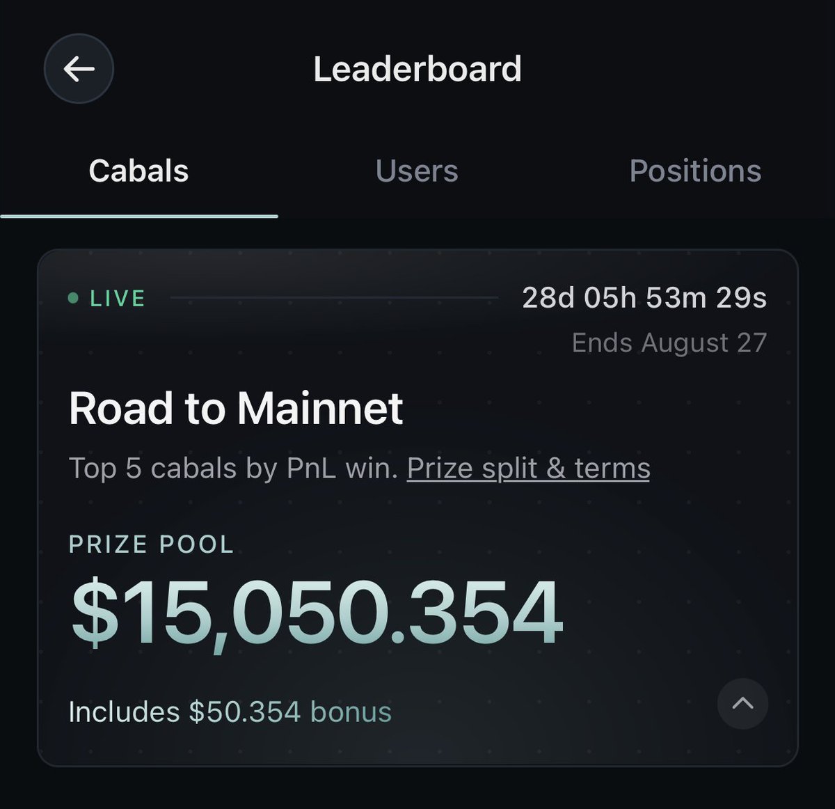 cabals's tweet photo. Want to win $15,000?

Our next competition is now live. Trade perps, compete against other Cabals, and win USDC

28 days until we crown the five winning Cabals https://t.co/L4ryEvR3lN