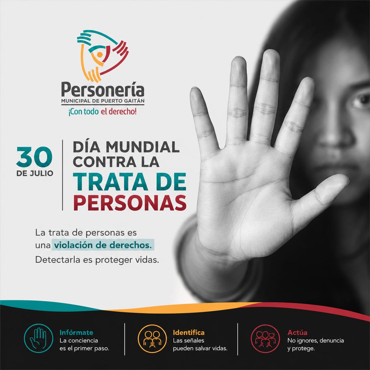 persogaitan's tweet photo. Desde la Personería Municipal de Puerto Gaitán, promovemos la prevención y sensibilización frente a la trata de personas, un delito que vulnera la dignidad y los derechos humanos.

#ConTodoElDerecho siempre está para ti. https://t.co/1NhIESHWnj
