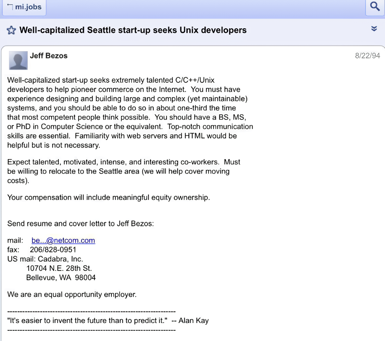 WebDesignMuseum's tweet photo. On August 22, 1994, Jeff Bezos posted the first job opening at Amazon. https://t.co/GnlC07tgFq