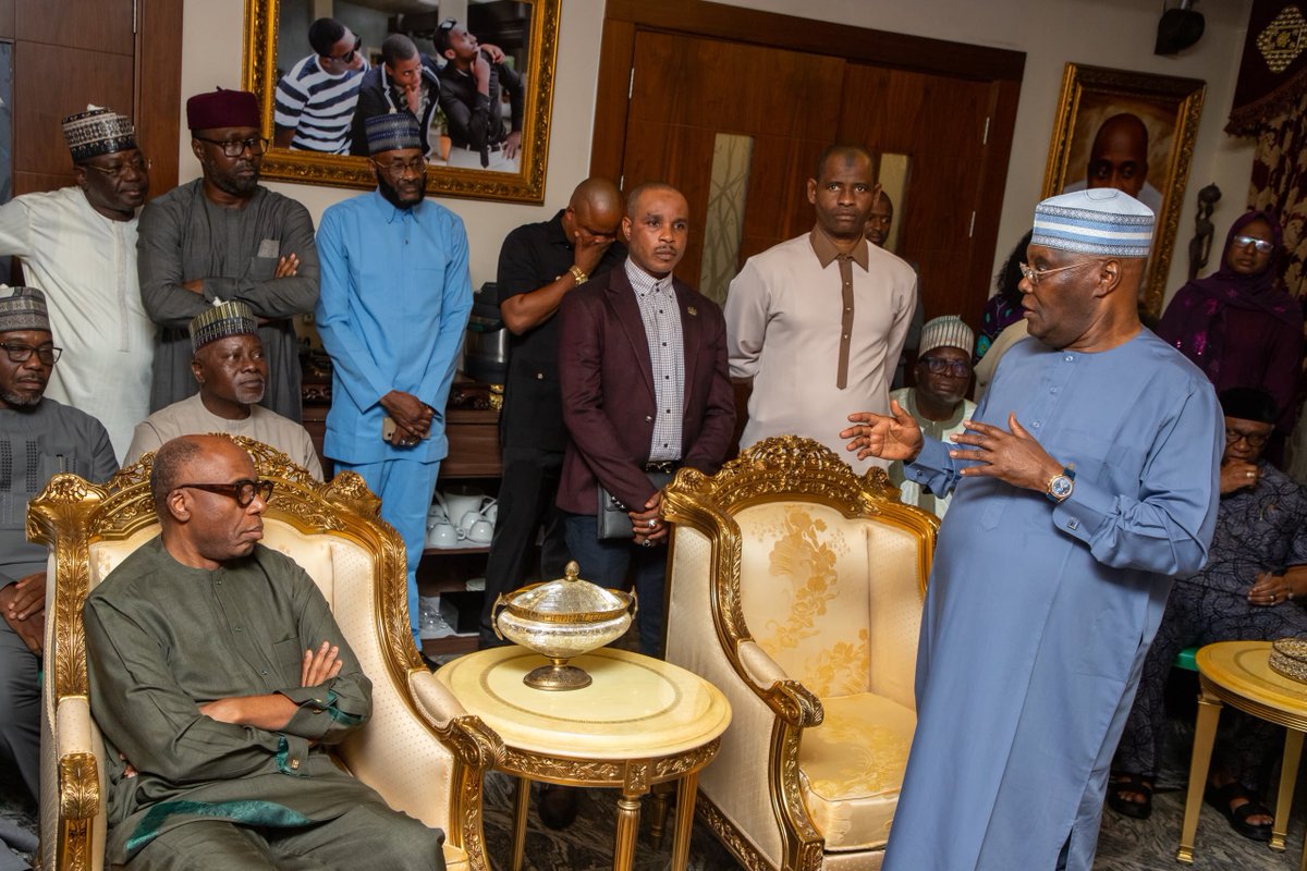 atiku's tweet photo. Today, I led a delegation of friends and associates to pay a condolence visit to H.E. Rt. Hon. Chibuike Rotimi Amaechi, the Vice Presidential candidate of our party, in Abuja.

The passing of his beloved mother, Dame Mary Oduah Amaechi, remains a significant loss not only to the Amaechi family but to us all.

I am pleased to have met my brother Amaechi in high spirits, even at this moment of grief.

Our prayers are with the family, and may Mama’s soul rest in perfect peace. -AA