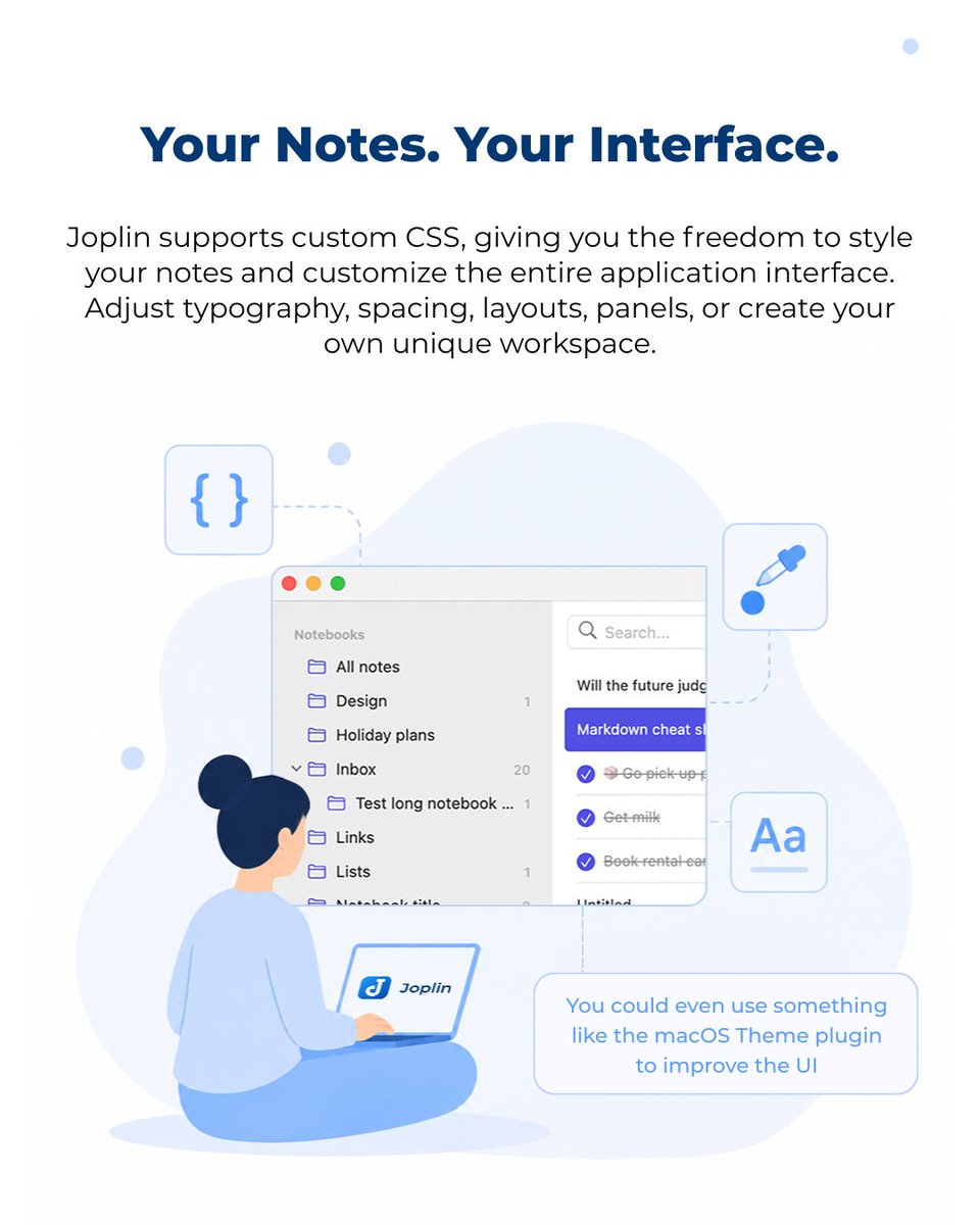joplinapp's tweet photo. Joplin doesn't just let you organize your notes - it lets you customize your entire workspace.

With custom CSS, you can adjust everything from typography to layouts and create an interface that works for you.

Learn more: https://t.co/g6FiMo7VDU

#Joplin #OpenSource https://t.co/VIVAS2Mdiw