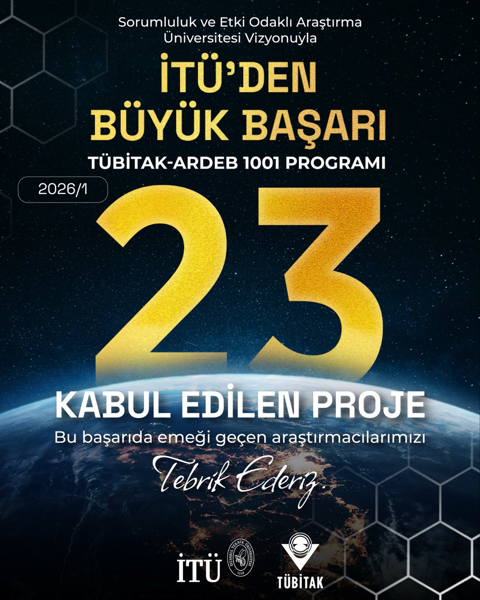 ProfHasanMandal's tweet photo. İTÜ olarak araştırma altyapımızı; bilimsel bilgi üreten, yenilikçi çözümler geliştiren ve toplumsal fayda oluşturan projelere dönüştürmeyi öncelikli sorumluluklarımızdan biri olarak görüyoruz. 🐝📚

TÜBİTAK ARDEB 1001 Programı 2026 Yılı 1. Döneminde 23 araştırma projemizin destek almaya hak kazanması da bu anlayışımızın en güçlü örneklerinden biri. Birlikte iş yapma kültürümüz ve disiplinler arası araştırma yaklaşımımızla geliştirilen projelerimizin; 

bilimsel üretime, yenilikçi çözümlere ve toplumsal etkiye sağlayacağı katkıyla, Sorumluluk ve Etki Odaklı Araştırma Üniversitesi vizyonumuzu daha da güçlendireceğine inanıyorum. ✨

Bu süreçte emeği geçen tüm araştırmacılarımızı yürekten kutluyor, özverili çalışmaları için teşekkürlerimi sunuyorum. 

Bilimsel bilgiyi etkiye dönüştüren araştırmaları birlikte geliştirmeye, araştırma kültürümüzü daha da güçlendirmeye ve geleceğe değer katacak yeni projeler üretmeye aynı kararlılıkla devam edeceğiz. 🏫

@Tubitak
@itu1773