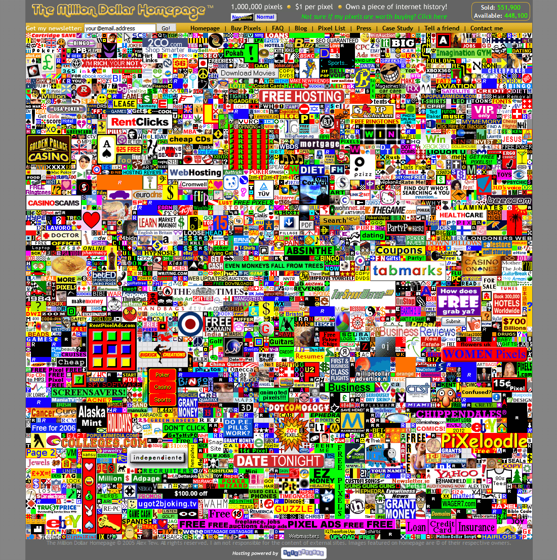WebDesignMuseum's tweet photo. On August 26, 2005, Alex Tew, a British student, launched the Million Dollar Homepage, which soon became an example of successful viral marketing and an Internet phenomenon. The page was a million pixels divided into a 1000×1000 px grid.  

#InternetHistory https://t.co/rjsz79ZYBB