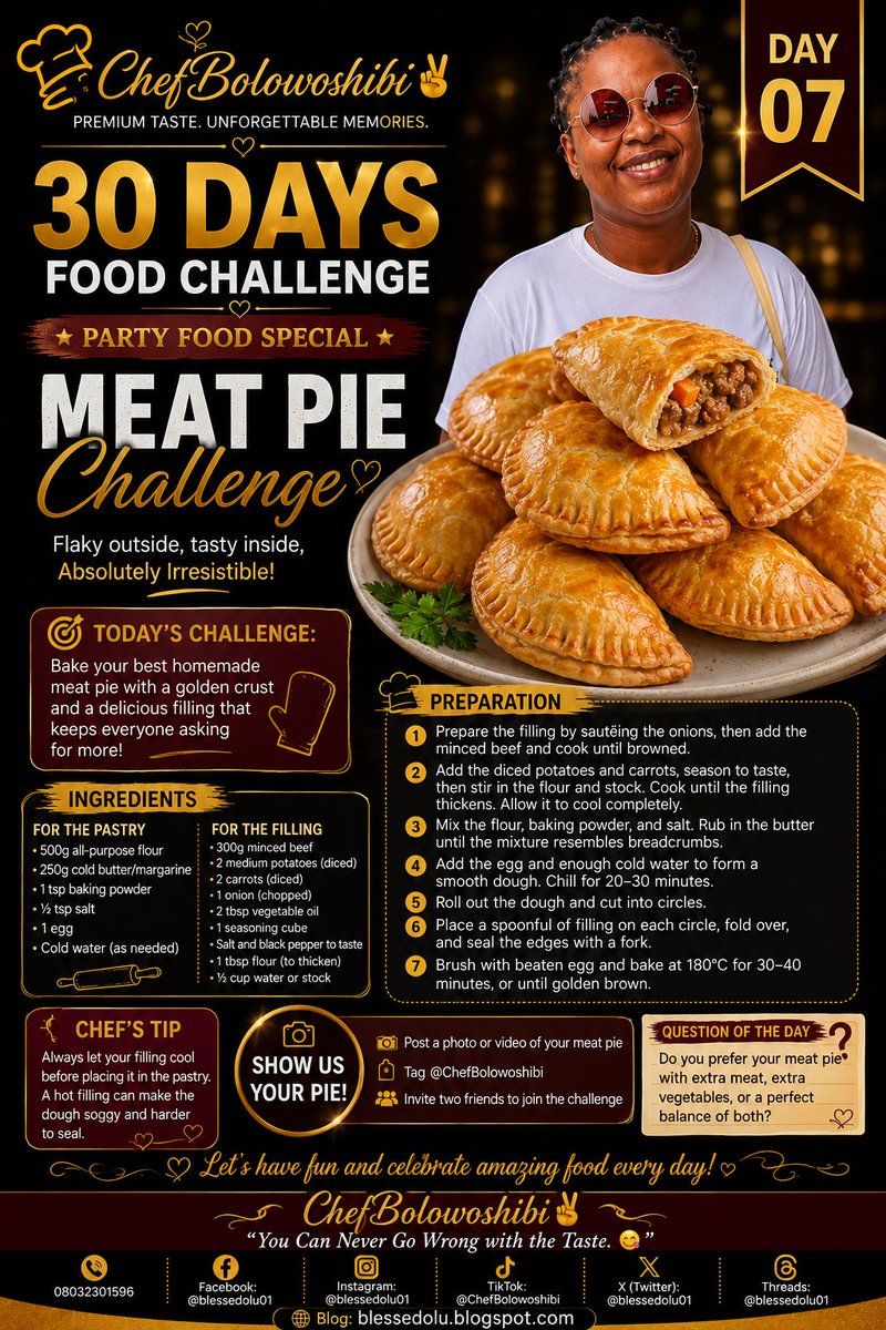 blessedolu01's tweet photo. https://t.co/lbgDMomgXx

#ChefBolowoshibi #30DaysFoodChallenge #ChefsKitchen #MeatPie #BakingChallenge #NaijaSnacks #HomeBaking #LagosChef #FoodLovers #AfricanCuisine #BakersOfNigeria #RecipeOfTheDay #ChefLife https://t.co/MBWS4x7L9G