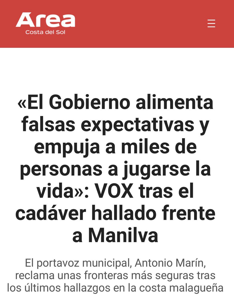 vox_malaga's tweet photo. 🗣️ @ajmarinberjas, tras encontrarse el cadáver de un inmigrante frente al puerto de Manilva: "El Gobierno alimenta falsas expectativas y empuja a miles de personas a jugarse la vida".

Urge proteger nuestras fronteras y acabar con el efecto llamada que promueve el criminal Pedro Sánchez y su banda de mafiosos.

https://t.co/3cOyqGuQ52