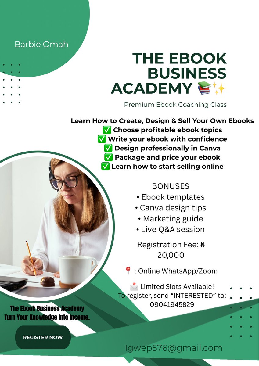 BarbieOmah's tweet photo. Are you aspiring to become a writer, do you want to learn how to write and design your own ebook or physical book?
Do you want to make money from selling your books? Do you want to get access to platforms and sell your books, comment “ebook” or send a dm to get access to my class https://t.co/uuClOQHeJf