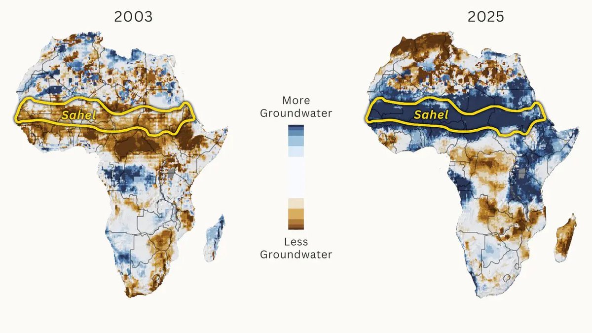 aympontier's tweet photo. Après des décennies de sécheresse, le niveau de l'eau ne cesse de remonter au Sahel africain, rare zone du monde qui « bénéficie » du réchauffement climatique qui intensifie les moussons et les pluies torrentielles, remplissant les nappes phréatiques.
https://t.co/83Len8LHpq https://t.co/c9hJQMQSEW