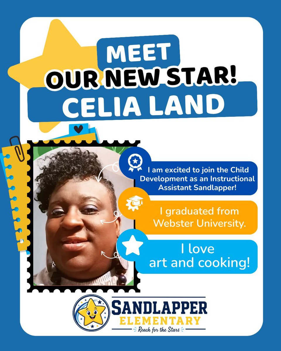 SEstarsR2's tweet photo. Sandlapper, let’s welcome another amazing addition to our team: Celia Land!
She is joining us as an Instructional Assistant in Child Development!
🎓 Graduate of: Webster University
🍳 Outside the classroom: She has a passion for cooking and loves art! 
We’re so glad you’re here! https://t.co/JrCs2a0Cr2