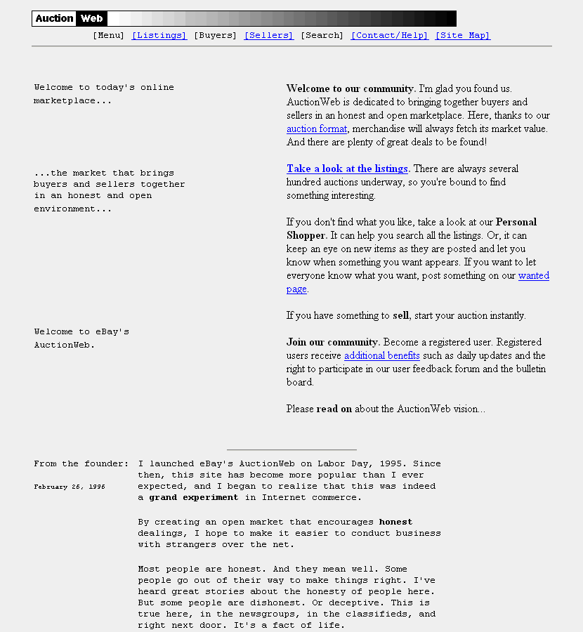 WebDesignMuseum's tweet photo. On September 3, 1995, an Iranian-American programmer, Pierre Omidyar, programmed a simple auction website called AuctionWeb. In September 1997, the portal was renamed eBay. 

#InternetHistory https://t.co/jQQXco81OF