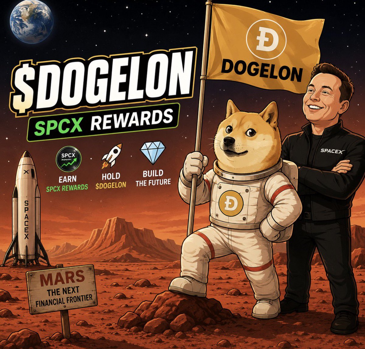 BNBDOGELON's tweet photo. One small step for Doge. One giant leap for holders. Hold $DOGELON and earn $SPCX rewards while the mission heads straight for the mars. https://t.co/afI6v3bYiv