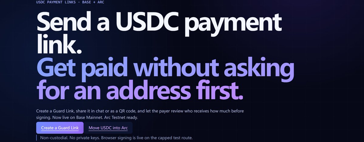 lowndsf's tweet photo. Send USDC with a link. No address needed. 🔗

https://t.co/goTn3WTlyF

Connect any wallet → pick Base or Arc → enter amount → share QR.

 The payer sees exactly who receives what before signing.
Live on Base Mainnet x402 + Arc Testnet.
No signup. No KYC. Just your wallet.
 @x402Protocol @BuildOnBase @Circle
@arc_io @Arc_Network @CoinbaseDev
@MetaMask @Phantom @x402pay
 #USDC #x402 #Base #ArcChain #Payments
