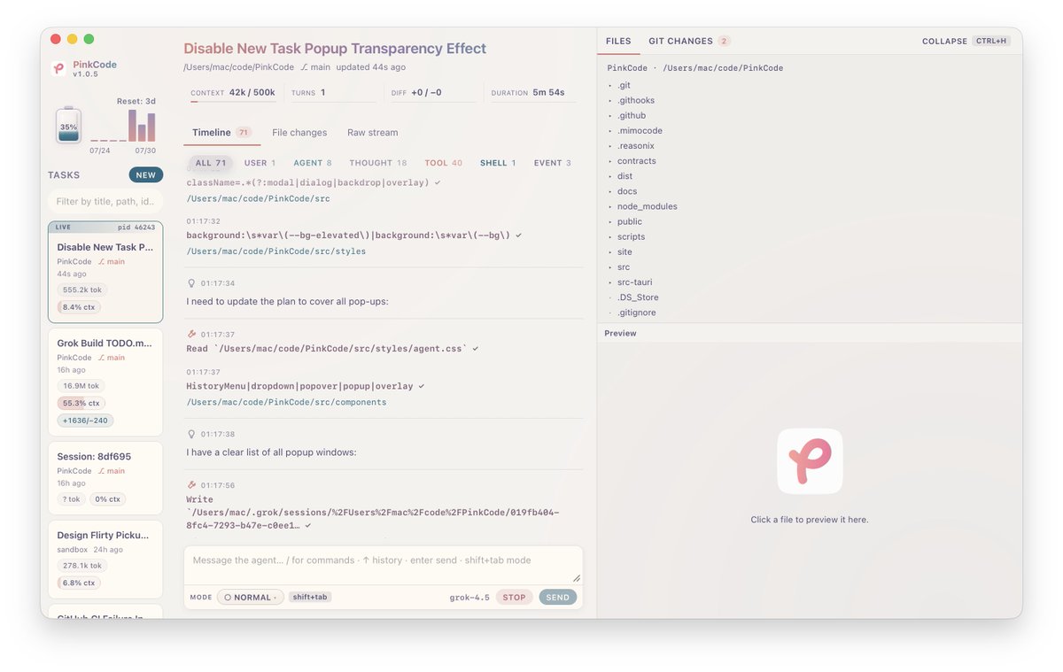 farmer_pink's tweet photo. Following user requests, PinkCode UI added frosted glass backgrounds. Is this Grok’s best-looking desktop client yet? #grok #pinkcode #grokgui https://t.co/dtiU2PdaAv
