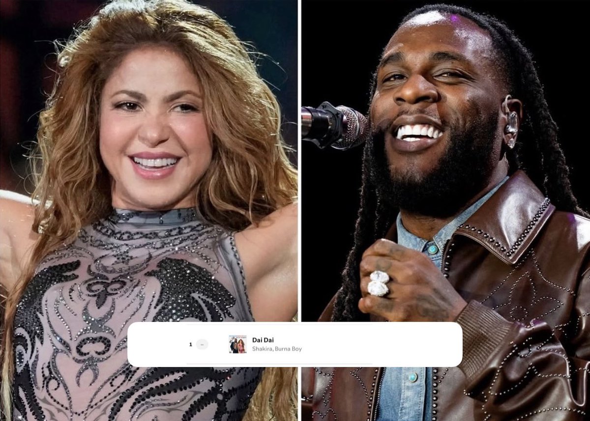 1BENNY7G's tweet photo. SHAKIRA AND BURNA BOY’S “DAI DAI” [OFFICIAL 2026 FIFA WORLD CUP SONG] HAS NOW SPENT 24 DAYS AS THE #1 SONG IN THE WHOLE WORLD! 👏🏾🏆 https://t.co/c2jaPymAQT
