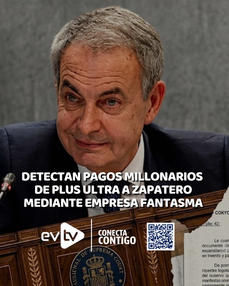 EVTVMiami's tweet photo. 🇪🇸 Detectan pagos millonarios de Plus Ultra a Zapatero mediante empresa fantasma

🚨 La Policía Nacional española identificó transferencias por casi 1,2 millones de euros de la aerolínea Plus Ultra a una sociedad instrumental vinculada al expresidente José Luis Rodríguez Zapatero, según reveló The Objective.

🔍 Las investigaciones señalan que la red utilizó contratos de asesoría ficticios y una estructura de más de 20 empresas para canalizar y ocultar los fondos cuyo beneficiario principal era el político español.

📌 Un juez de la Audiencia Nacional autorizó rastrear el patrimonio de Zapatero y su entorno cercano tras detectarse que sus ingresos como consultor superan los tres millones de euros.

 #NoticiasEVTV #Espana #PlusUltra
