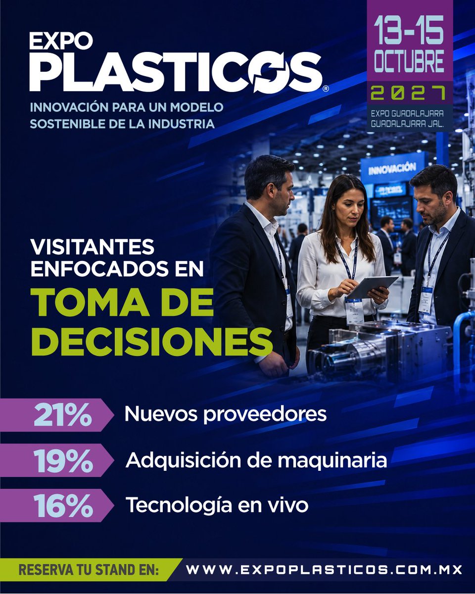 ExpoPlasticos's tweet photo. En Expo Plásticos 2027 los visitantes llegan con objetivos claros: encontrar nuevos proveedores, evaluar maquinaria y conocer tecnología operando en vivo.
✅¡Reserva tu stand! 👉https://t.co/s1FR1duDnC
 📅 13 al 15 de octubre 2027
 📍 Expo Guadalajara, Guadalajara, Jalisco https://t.co/lPUg23OyKv