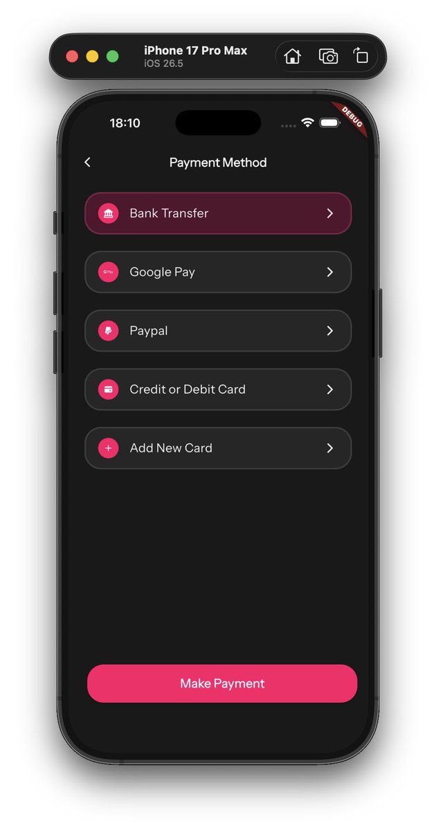 __onlychild's tweet photo. Day 10: Building Cinemax 🎬
Milestone! 🎉
Took ~2wks for first 10 days. Consistency=showing up, not rushing.
Progress:
✅ Ticket Checkout
✅ Order Summary (price/date/time)
✅ Multi PMs (Card/BT/GPay/PP)
Next: Day 20 🚀
#Flutter #BuildInPublic #100DoC #mobiledev https://t.co/UjqUmRd0bz
