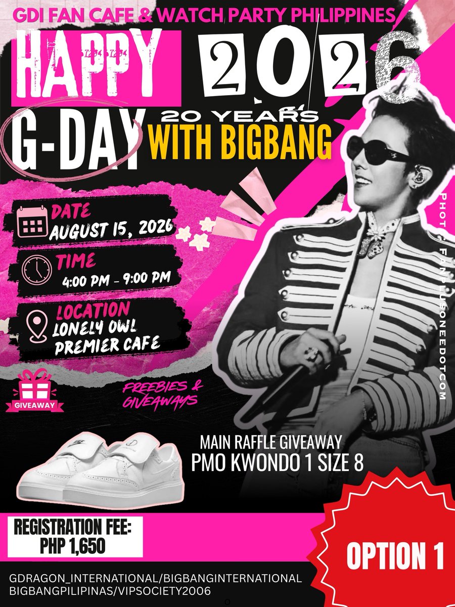 gdragonintl's tweet photo. 🎉 HAPPY GDAY 2026: XX & TWENTY 🎉

Join us as we celebrate G-DRAGON’s birthday and 20 years of BIGBANG with fellow https://t.co/y3MZkhKGh7 for an afternoon of music, memories, games, and exclusive fan activities.

📍 Lonely Owl Premier Cafe, Quezon City
🗓 August 15, 2026
🕓 4:00 PM – 9:00 PM

Come celebrate, connect with fellow fans, and make unforgettable memories together. We can’t wait to see you there! 💛

REGISTER HERE:

OPTION 1  FULL PACKAGE 🔗https://t.co/N5cyfNFuKT

OPTION 2 - KIT ONLY
🔗 https://t.co/ksjvT55joX

OPTION 3 -  FOOD DRINKS & RAFFLE
🔗 https://t.co/Az7hJ6dfqm

#HappyGDay2026 #XXandTwenty #20YearsWithBIGBANG #GDRAGON