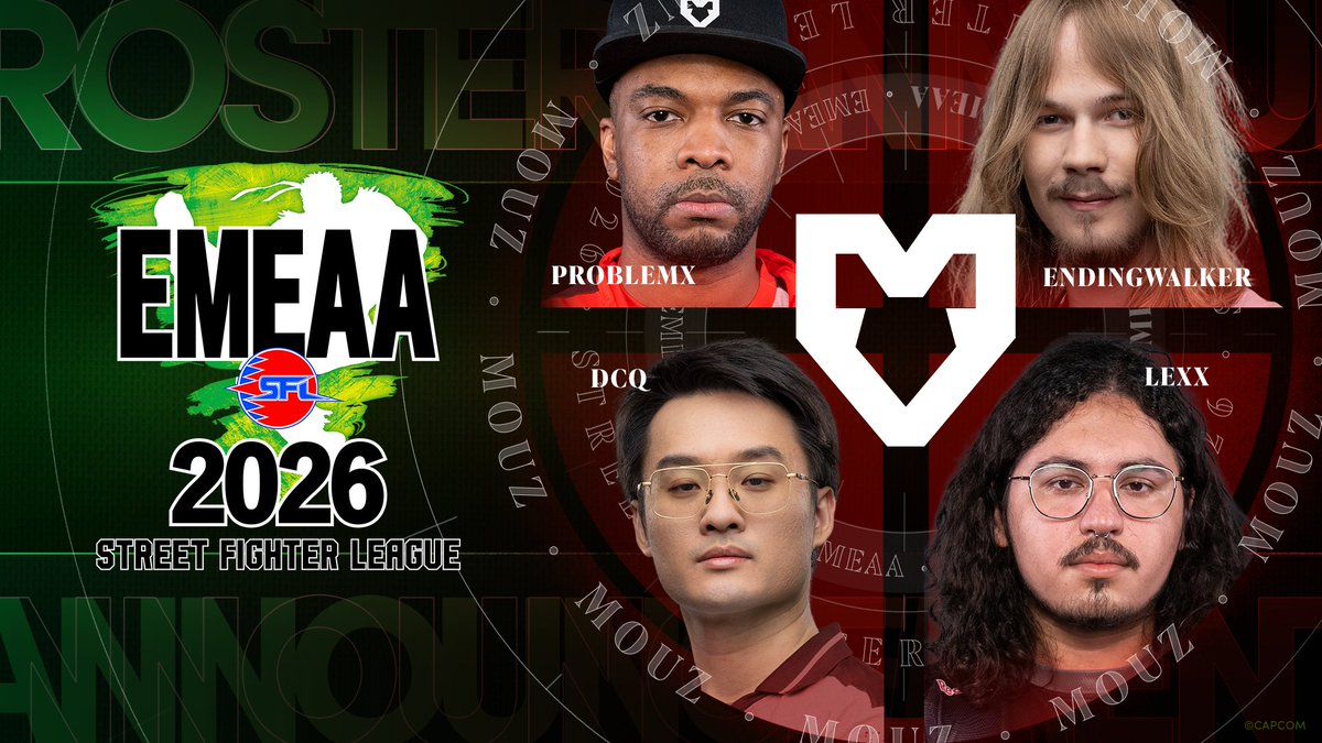 CapcomFighters's tweet photo. Locking in the @mousesports lineup for #SFLEMEAA2026👊

🔹 @MrProblemX 
🔹 @EndingWalker 
🔹 @DCQ_CN 
🔹 @LexxFGC 

Four fighters. One mission. Let's go 🔥 https://t.co/jEURgq4boV