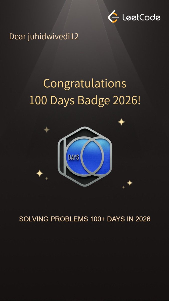 juhi_09d's tweet photo. 🏆 100 Days Badge Unlocked on LeetCode! 

100+ days of showing up, solving problems, tackling new challenges, and pushing myself to become a better problem solver. 💻🔥

Every problem solved is one step forward. And this journey is just getting started! 🚀

#LeetCode #DSA #Coding https://t.co/yidY9oSaum