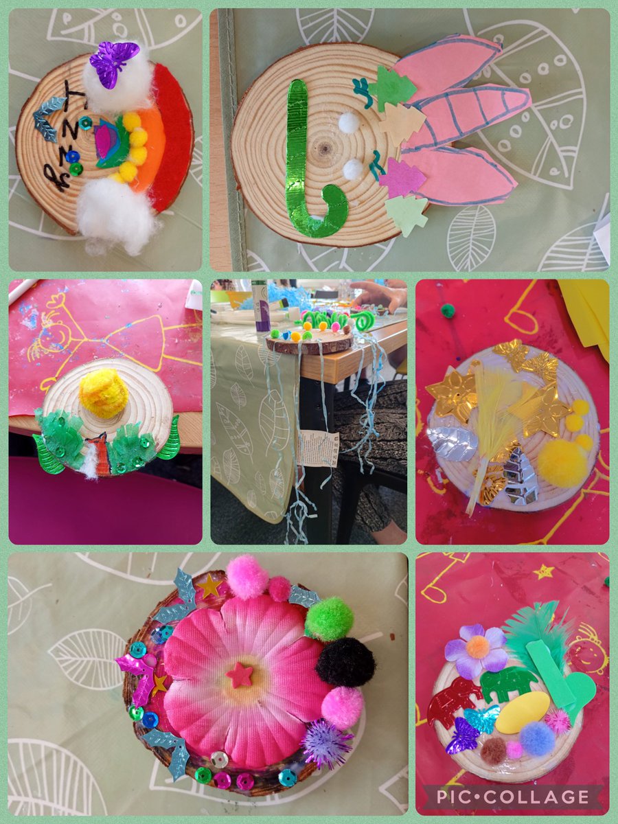 HaltonLibraries's tweet photo. Lots of amazing creations at Widnes Library’s Decorate and Take Your Own Log Slice event today! Lots of gluing, sticking, sparkles and feathers, all looked absolutely awesome. 
🪵 Join us tomorrow at Ditton Library from 11:00am to 12:30pm for more log slice decorating fun. HH 😃 https://t.co/2TWl30aalg