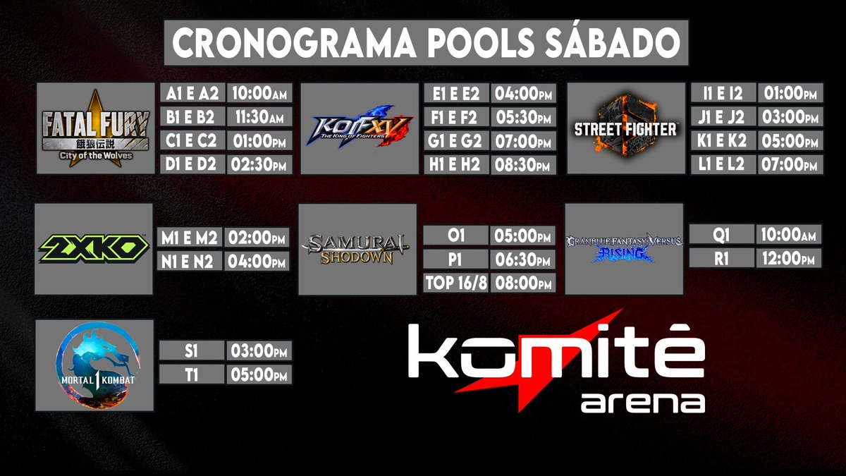 komitegames's tweet photo. 📆 Cronograma oficial Komitê Arena 2026!
⚠️ Lembrando que os portão abrem às 09am!

🕹️ Jogadores, verifiquem suas pools e horários, tragam seus controles e boa sorte!

📺 Expectadores, a lista de horários e streams estão disponíveis, fiquem atentos que os canais do YouTube @Komitearena e @Spadagamer1 terão mais de uma transmissão simultânea em primeira mão! 
🙏🏼Agradecemos RTs!

✅ Confira sua pool no Start GG do evento👇🏼

https://t.co/aMCwf06VyE