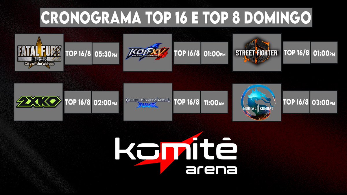komitegames's tweet photo. 📆 Cronograma oficial Komitê Arena 2026!
⚠️ Lembrando que os portão abrem às 09am!

🕹️ Jogadores, verifiquem suas pools e horários, tragam seus controles e boa sorte!

📺 Expectadores, a lista de horários e streams estão disponíveis, fiquem atentos que os canais do YouTube @Komitearena e @Spadagamer1 terão mais de uma transmissão simultânea em primeira mão! 
🙏🏼Agradecemos RTs!

✅ Confira sua pool no Start GG do evento👇🏼

https://t.co/aMCwf06VyE