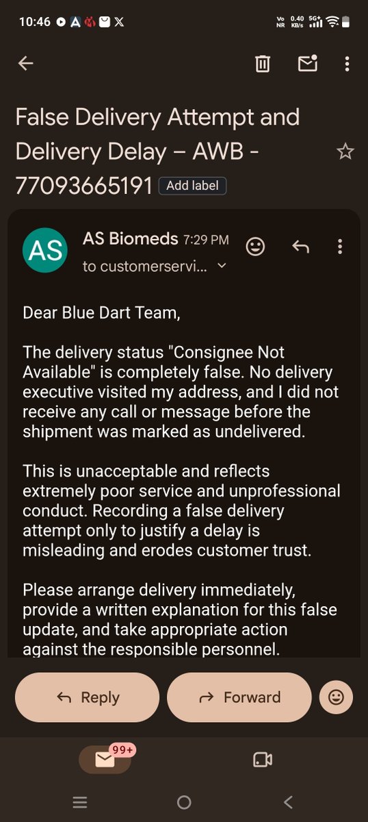 SPShuklaYogi's tweet photo. I have already emailed customer support with all relevant details and documents but till I got no calls from @BlueDart_  regarding delivery. I'm also attaching the screenshot of it with this post. Please take necessary action to resolve my issue as soon as possible. https://t.co/xsrJ5kwQDf