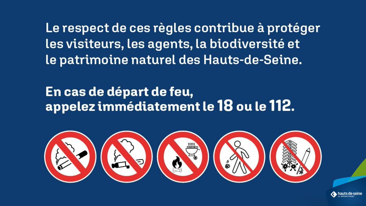 hautsdeseinefr's tweet photo. ⚠️Face aux risques d’incendie, soyons tous vigilants

En raison des épisodes de chaleur, le risque de départ de feu est accru en Île-de-France.
Suite à l’arrêté préfectoral du 28 juillet, @prefet92, renforçant temporairement les mesures de prévention des incendies dans les bois et forêts du département, de nouvelles règles s’appliquent sur l’ensemble du territoire.

Dans les parcs départementaux, il est strictement interdit de :
 - Fumer ou jeter des mégots (y compris les cigarettes électroniques)
- Allumer un feu, un barbecue ou un réchaud
- Utiliser des artifices, lanternes ou tout dispositif produisant une flamme ou des étincelles
 - Abandonner des déchets ou tout objet pouvant provoquer un incendie
 
➡️En savoir plus sur https://t.co/mFE9k8c01z
Chaque geste compte. Ensemble, protégeons nos espaces naturels, la biodiversité et la sécurité de tous. 🌿

Crédit photo CD92 / Olivier Ravoire
#HautsdeSeine #Vigilance #PréventionIncendie #Canicule #Biodiversité