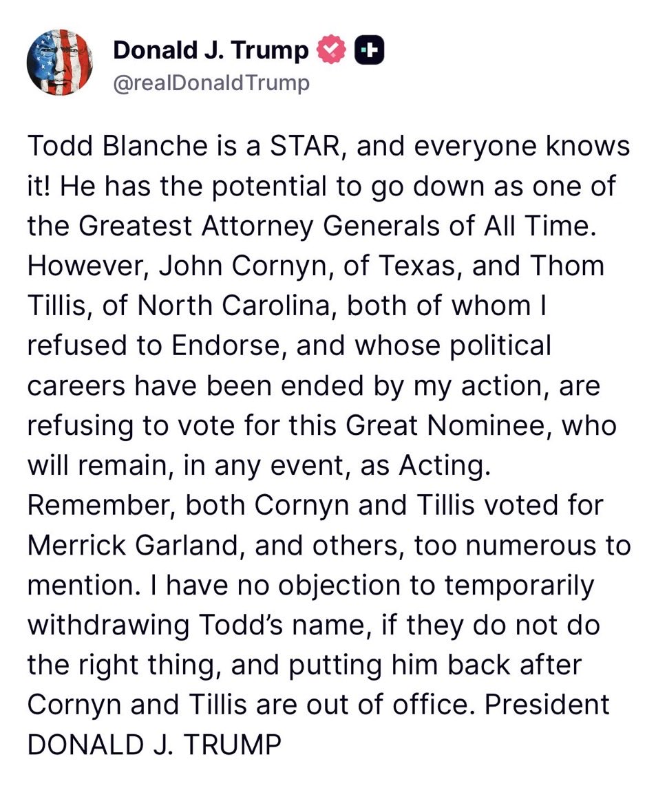 ProudElephant's tweet photo. 🚨 JUST NOW: President Trump SLAMS outgoing RINO Senators Thom Tillis and John Cornyn for REFUSIJG to confirm Todd Blanche for Attorney General.
THEY SHOULD BE ASHAMED OF THEMSELVES!!! https://t.co/hfFV8TuFFZ