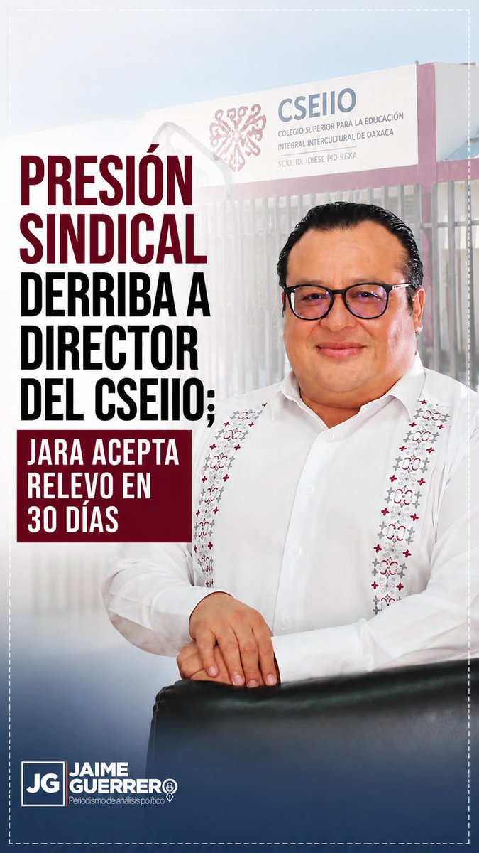 jaimeguerrero08's tweet photo. Presión sindical derriba a director del #CSEIIO; Jara acepta relevo en 30 días

#JaimeGUERRERO

La presión del Sindicato Único de Trabajadores al Servicio del Colegio Superior para la Educación Integral Intercultural de Oaxaca (SUTCSEIIO) logró que el gobernador Salomón Jara Cruz aceptara relevar al director general del CSEIIO, René Vásquez Castillejos, en un plazo de 30 días, según informó la dirigencia sindical tras una reunión con el mandatario.

El acuerdo representa un giro en un conflicto que se prolongó durante meses y que escaló con protestas, bloqueos y la toma de las oficinas centrales del organismo. 

Los trabajadores advirtieron que mantendrán esa medida y que no permitirán el ingreso del funcionario mientras no se oficialice su salida.

Los dirigentes señalaron que, durante el encuentro, el Gobernador propuso inicialmente que Vásquez Castillejos permaneciera hasta 90 días más en el cargo.

Sin embargo, aseguraron que la negociación concluyó con el compromiso de concretar el relevo en un plazo máximo de 30 días.

Como parte de los acuerdos, indicaron que la secretaria de Educación Pública de Oaxaca, Fernanda Chávez, atenderá los asuntos relacionados con el CSEIIO durante el periodo de transición. 

Entre ellos, dijeron, se encuentra la revisión de una auditoría financiera a la administración del actual director.

El sindicato sostuvo que René Vásquez Castillejos dejó de ser reconocido como titular del organismo y, por ello, no se le permitirá ingresar a las instalaciones. Reiteró que la toma continuará hasta que el cambio de dirección quede formalmente consumado.

La exigencia de destitución no es nueva. Desde hace varios meses, el SUTCSEIIO acusa al funcionario de presuntas irregularidades administrativas, incumplimiento de compromisos laborales, nepotismo y manejo discrecional de recursos, además de demandar una auditoría integral a su gestión.

Por su parte, el mandatario no ha confirmado sobre la fecha en que se concretará el relevo en la dirección general del CSEIIO.