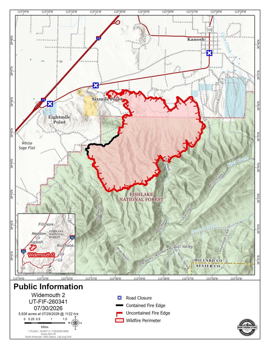 UtahWildfire's tweet photo. #WideMouth2Fire update, July 30, 2026, 9:30am
________________________________________
Summary: As of 6am this morning, the Widemouth 2 Fire is being managed by the Northern Utah Type 3 Incident Management Team (IMT). The fire remained active overnight, primarily on the northwest corner. Trees were visible torching out near the perimeter. Night shift remained engaged in areas threatening the line. Crews did gain 15% containment on the western flank after yesterday’s shift. 

While the storm moved through and helped cool the fire area, little-to-no-moisture fell on the fire itself. The higher humidity and cloud coverage decreased fire activity, which provided firefighters the opportunity to go more direct along the fire perimeter. This was most effective along the northern portion of the fire in the lowlands and valley area, where the vegetation is more sparse with lighter fuels. Crews did as much work as possible with direct attack while there was a break in fire behavior, with the support of aircraft, until aircraft was grounded due to weather. There was also a drone intrusion into the Temporary Flight Restriction (TFR), and aircraft had to remain grounded until the air was cleared. Remember if you fly, we can't!

The reprieve from explosive fire activity may be short-lived. Starting today, the area is predicted to experience a hotter, drier trend throughout the week. This comes with increased wind, and record-setting heat. With the cloud coverage moving out, the direct sun will cause heat sources to reignite. 

The biggest concern remains the north flank, as it is closest to structures and Kanosh. Fire managers are utilizing dozers, crews, handlines, and aircraft along active areas to slow progression and gain containment.  The southern flank is steep, difficult terrain, and crews are scouting for potential areas where suppression efforts will be most effective. 

The IMT is working closely with the Millard County Sheriff and continuously evaluating the conditions, with the hope of lifting the evacuations as soon as possible.
________________________________________
Fire Information Stats:
Containment: 15%
Acreage: 5,926 acres
Cause:  Natural-caused, Lightning 
Start Date: July 27, 2026
Location: Within the Fillmore Ranger District, 6 miles south of Kanosh, Utah
Jurisdiction: Fishlake National Forest, USDA Forest Service 
Evacuations: “GO” for Turkey Trot Lane & Cemetery Road, “SET” for area south of 300 S. to Highway 91, “READY” for north of 300 S. in Kanosh. 
Closures: Forest closure in place: https://t.co/TsFRCEUKbu
________________________________________
Follow for Updates: https://t.co/BRCAPEbIk5 @UtahWildfire      
Hashtag: #widemouth2fire 
Contact: Sierra Hellstrom, 801-940-4935