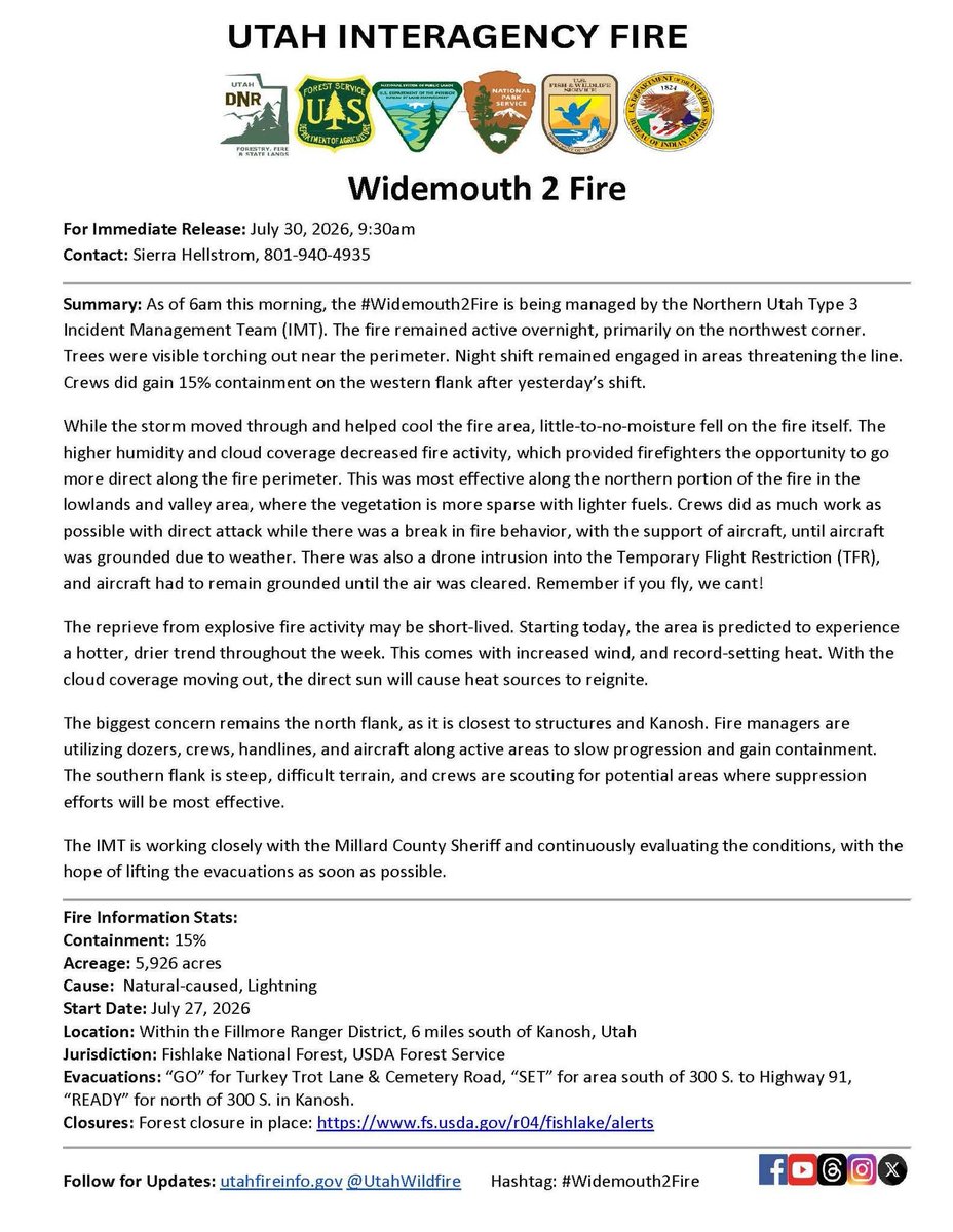 UtahWildfire's tweet photo. #WideMouth2Fire update, July 30, 2026, 9:30am
________________________________________
Summary: As of 6am this morning, the Widemouth 2 Fire is being managed by the Northern Utah Type 3 Incident Management Team (IMT). The fire remained active overnight, primarily on the northwest corner. Trees were visible torching out near the perimeter. Night shift remained engaged in areas threatening the line. Crews did gain 15% containment on the western flank after yesterday’s shift. 

While the storm moved through and helped cool the fire area, little-to-no-moisture fell on the fire itself. The higher humidity and cloud coverage decreased fire activity, which provided firefighters the opportunity to go more direct along the fire perimeter. This was most effective along the northern portion of the fire in the lowlands and valley area, where the vegetation is more sparse with lighter fuels. Crews did as much work as possible with direct attack while there was a break in fire behavior, with the support of aircraft, until aircraft was grounded due to weather. There was also a drone intrusion into the Temporary Flight Restriction (TFR), and aircraft had to remain grounded until the air was cleared. Remember if you fly, we can't!

The reprieve from explosive fire activity may be short-lived. Starting today, the area is predicted to experience a hotter, drier trend throughout the week. This comes with increased wind, and record-setting heat. With the cloud coverage moving out, the direct sun will cause heat sources to reignite. 

The biggest concern remains the north flank, as it is closest to structures and Kanosh. Fire managers are utilizing dozers, crews, handlines, and aircraft along active areas to slow progression and gain containment.  The southern flank is steep, difficult terrain, and crews are scouting for potential areas where suppression efforts will be most effective. 

The IMT is working closely with the Millard County Sheriff and continuously evaluating the conditions, with the hope of lifting the evacuations as soon as possible.
________________________________________
Fire Information Stats:
Containment: 15%
Acreage: 5,926 acres
Cause:  Natural-caused, Lightning 
Start Date: July 27, 2026
Location: Within the Fillmore Ranger District, 6 miles south of Kanosh, Utah
Jurisdiction: Fishlake National Forest, USDA Forest Service 
Evacuations: “GO” for Turkey Trot Lane & Cemetery Road, “SET” for area south of 300 S. to Highway 91, “READY” for north of 300 S. in Kanosh. 
Closures: Forest closure in place: https://t.co/TsFRCEUKbu
________________________________________
Follow for Updates: https://t.co/BRCAPEbIk5 @UtahWildfire      
Hashtag: #widemouth2fire 
Contact: Sierra Hellstrom, 801-940-4935