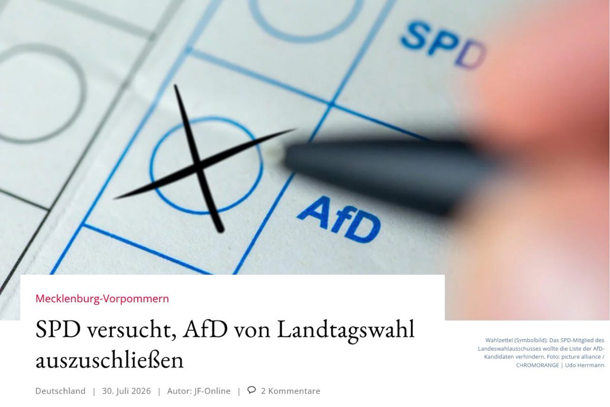 matze_aus_asl's tweet photo. In Mecklenburg-Vorpommern liegt die AfD seit Monaten klar vor der SPD von Manuela Schwesig. 

Nun versuchen die Sozialdemokraten, die Konkurrenz von rechts gar nicht erst zur Wahl zuzulassen. Sogar dem Wahlleiter wird das zu viel. 

Der Vertreter der SPD im Landeswahlausschuss Mecklenburg-Vorpommern, Claus Tantzen, hat als einziges Mitglied des Gremiums die Landesliste der AfD zur kommenden Wahl abgelehnt. Trotz der Gegenstimme wurden alle AfD-Kandidaten zugelassen. 

Tantzen ist ein Mitarbeiter der Landesregierung und langjähriger Pressesprecher der SPD-Landtagsfraktion.

Obwohl ihn der Landeswahlleiter Christian Bode daraufhin belehrte, dass dies kein Kriterium ist, die 50 Kandidaten von der Wahl auszuschließen, sondern es nur um die gültige, ordnungsgemäße Aufstellungsversammlung ginge, lehnte Tatzen die AfD-Liste dennoch ab.

Zeit die SPD in MeckPom komplett abzuwählen!

Quelle: @JahnTeam