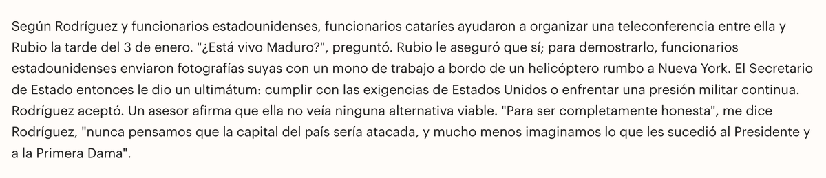 endsequera's tweet photo. 🚨 Según la entrevista de la revista TIME, funcionarios de Qatar organizaron una videoconferencia entre Delcy Rodríguez y Marco Rubio horas después de la captura de Maduro

Rubio le envió a Delcy fotos de Maduro en el helicóptero que lo llevaba a una cárcel en Nueva York para demostrar que estaba vivo. Y le dio un ultimátum: cumplir las exigencias de Estados Unidos o enfrentar una presión militar continua.