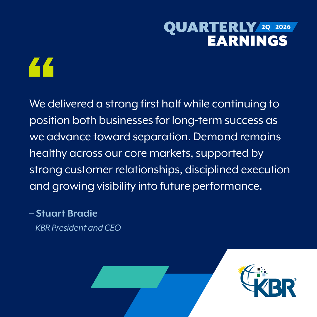 KBRincorporated's tweet photo. #KBR reported strong second quarter fiscal 2026 results, building on a solid first half of the year while continuing preparations for the planned separation of its Sustainable Technology Solutions (STS) and Mission Technology Solutions (MTS) businesses.

Read more » https://t.co/lQ9i10oIIl