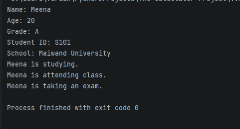 AhmadiMeen35936's tweet photo. Completed a Python OOP assignment!
Object: Student
Attributes: name, age, grade, student_id, school
Methods: study(), attend_class(), take_exam()
π»
#codetoinspire
@a_daneshyar
@f_forough https://t.co/Gr9wB3uroi