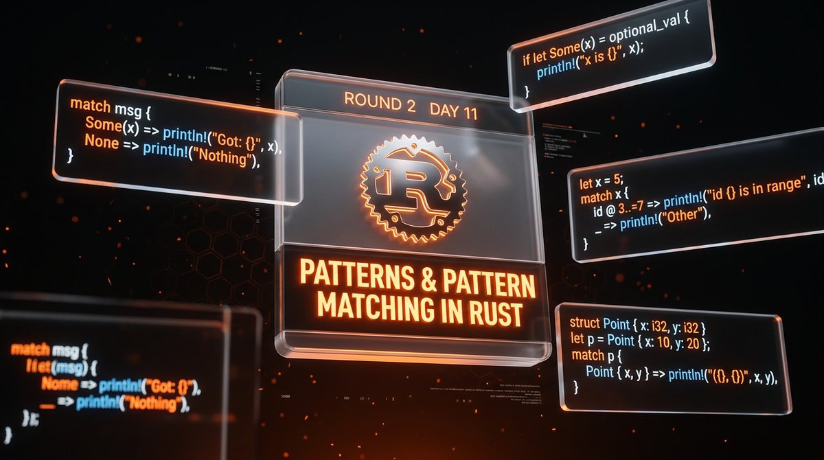 _maheraladdin's tweet photo. Day 11 of Round 2 of my #100DaysOfCode challenge! 🦀🔥

Finished Chapter 18 of "The Book": Patterns &amp; Pattern Matching in Rust.

Pattern matching is one of Rust's most expressive control flow features!

Here is the breakdown 🧵👇 https://t.co/iBXKoCavCr