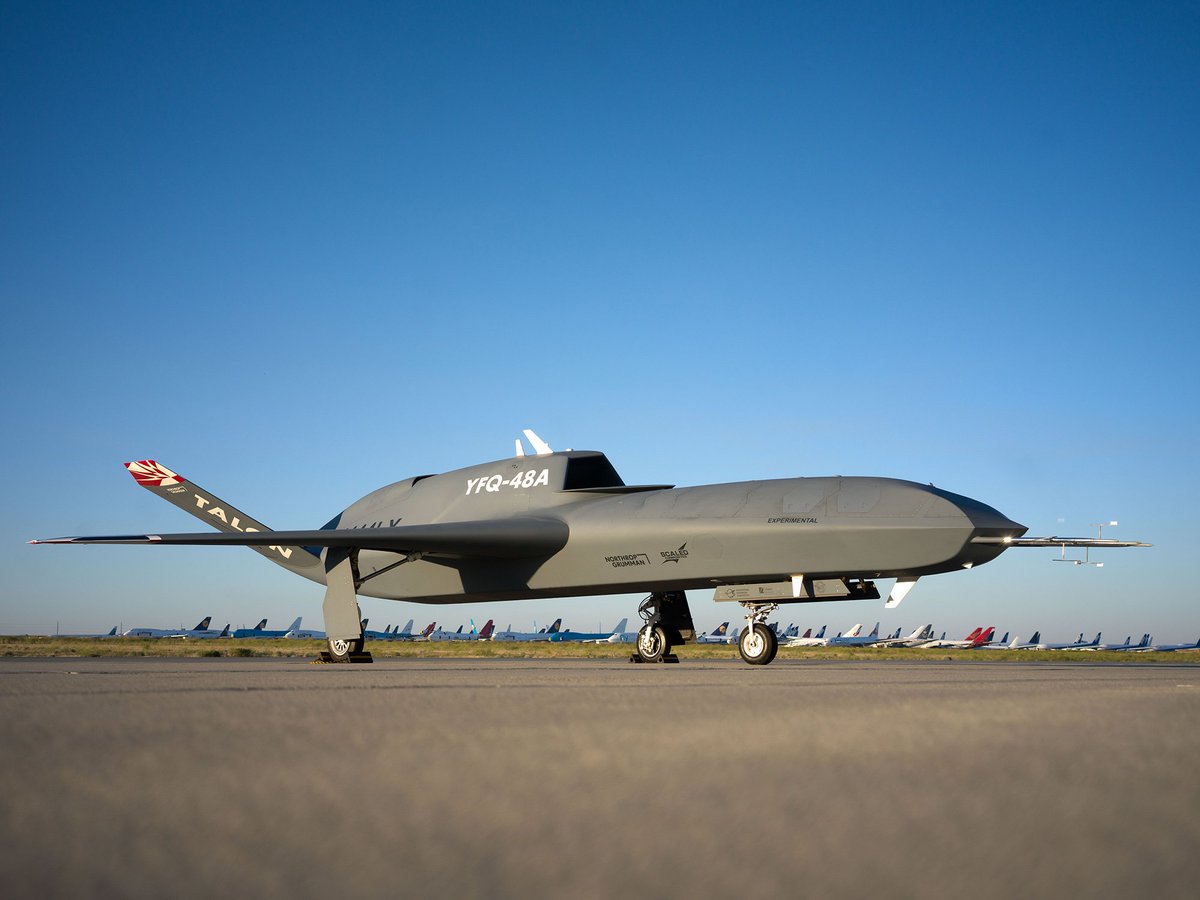 FennellJW's tweet photo. Northrop’s Talon Blue CCA, whose first flight is planned for next year, has also received an Air Force designator: YFQ-48A. Developed in secret, ground testing began this year. The design uses 50% fewer parts and weights 1,000lbs less than other CCAs to enable production at scale.