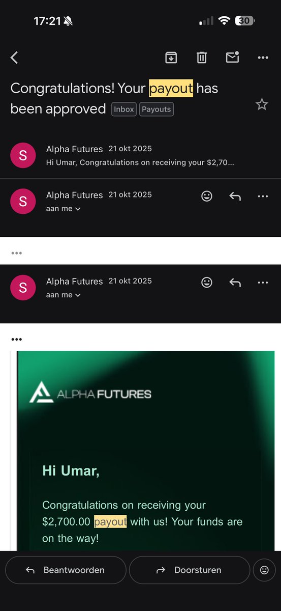 umarmq's tweet photo. 10/

October 2025

My best month.

After completing the required winning days again, I received 2 payout rounds across 3 linked @Alpha_Futures_ accounts (3×$2,970 and 3×$2,700 after the 10% profit split).

I also received 4 @Topstep payouts.

Totalling $23,055 for the month. https://t.co/MGcO18bw1e