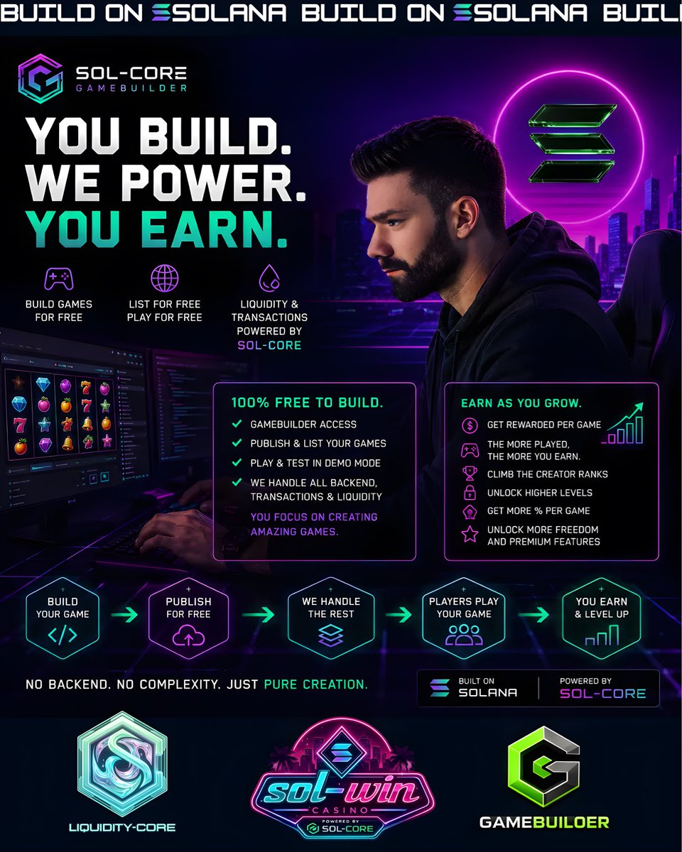 SolCoreEngine's tweet photo. The Sol-Core GameBuilder is designed so creators can focus on what actually matters:

Building great games.

No backend.
No liquidity management.
No transaction infrastructure.
No blockchain complexity.

We’ve already taken care of that.

With Sol-Core, every published game receives:

⚡ Free access to the GameBuilder
🌍 Free listing on the Sol-Core Gaming Platform
💧 Shared liquidity provided by Sol-Core
🔗 Built-in transaction processing
🎮 Verified Demo Play from day one
🛡️ Provably fair game execution

You build the experience.

We handle the infrastructure.

Build.
Share.
Earn.

Build on @solana
Powered by Sol-Core

#SolCore #GameBuilder #Web3Gaming #GameDev #Solana #BuildOnSolana #CryptoGaming #IndieDev #BlockchainGaming #CreatorEconomy #ProvablyFair #PlayToBuild
