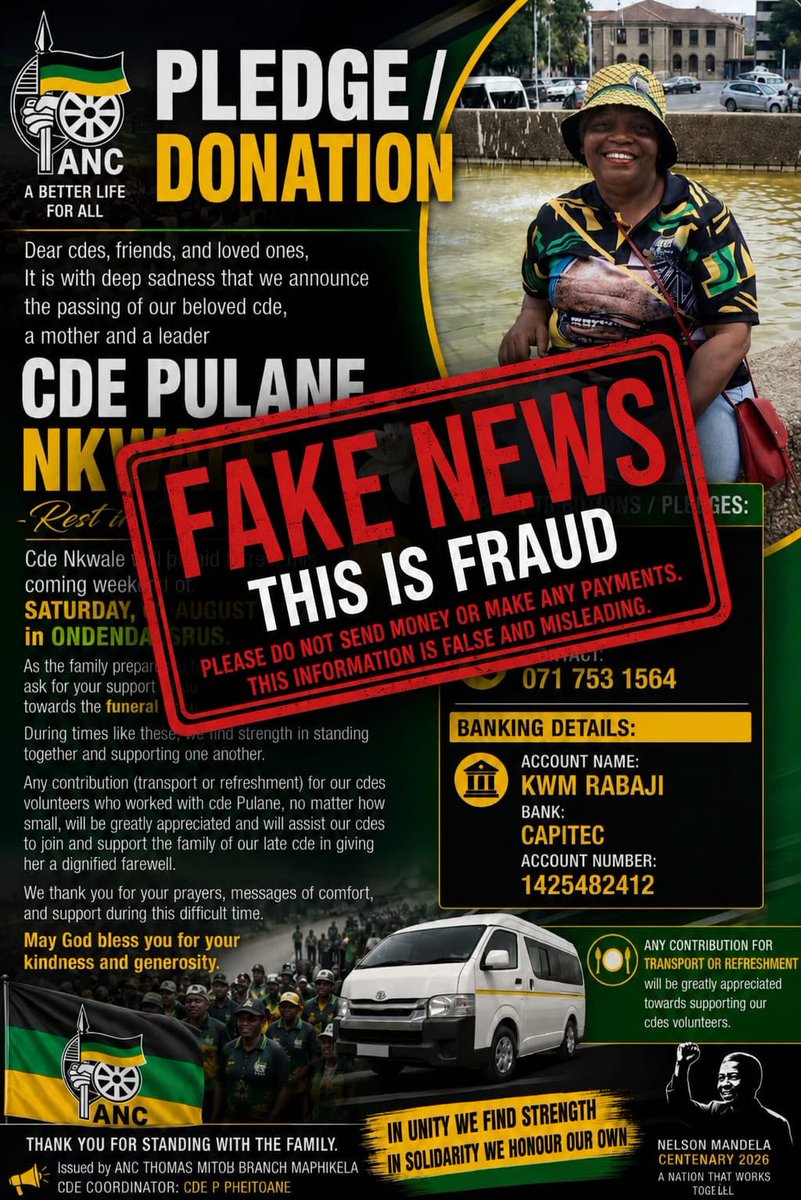 ANCFS's tweet photo. OFFICIAL ALERT: URGENT NOTICE

It has come to the attention of the ANC Free State that a fraudulent poster is circulating online, soliciting donations for a funeral under the name "Cde Pulane."

This poster is FALSE and UNAUTHORISED. https://t.co/pPS7sZOLyj