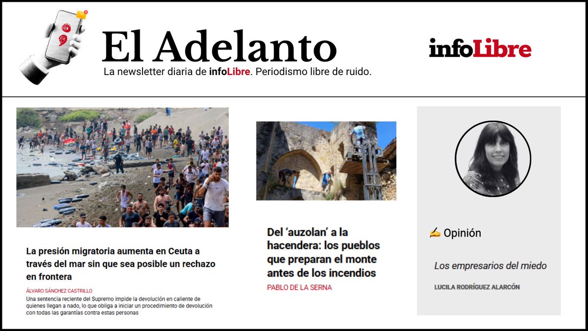 jesusmarana's tweet photo. 🗞️ EL ADELANTO de @_infoLibre 

La presión migratoria aumenta en Ceuta a través del mar sin que sea posible un rechazo en frontera.

Quién es Urbano Cairo, el empresario italiano que decide la línea editorial de ‘El Mundo’…

Súmate: https://t.co/MCJf3b74Tk https://t.co/iFZHePrUAh