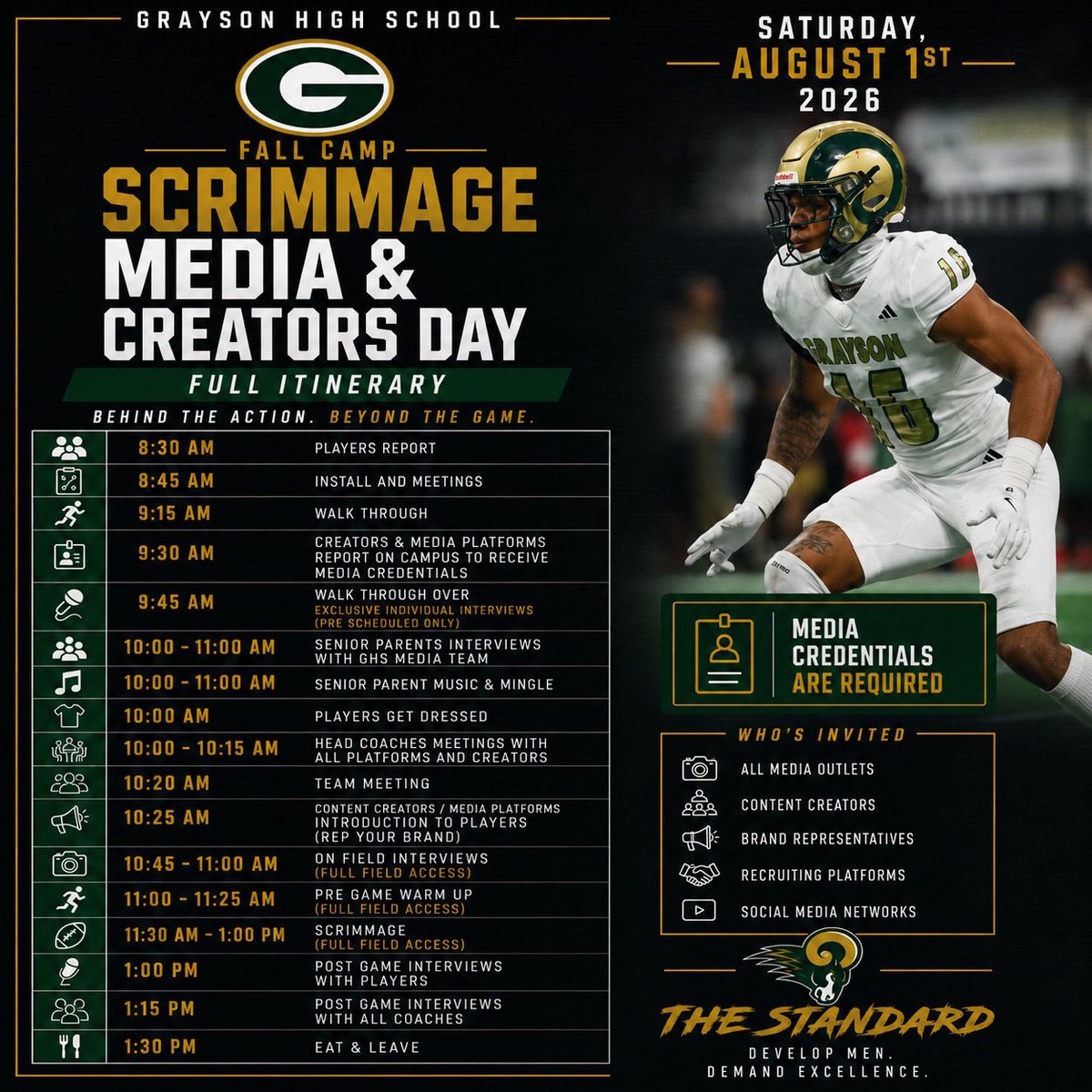 grayson_fb's tweet photo. 🚨 MEDIA PERSONNEL &amp; CONTENT CREATORS 🚨 

See you at 9:30 AM in the field house to start covering the Rams with an access pass!

We are looking forward to helping our local &amp; national media cover #TheStandard here at Grayson! https://t.co/dwRcDu09Bv